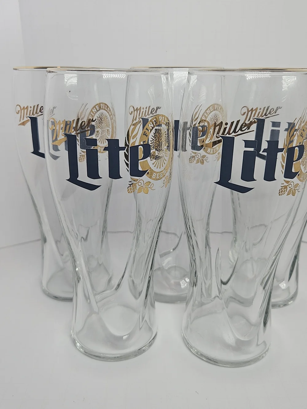 Miller Lite 22oz Gold Rimmed Gold Decal Pilsner Glass, 7.25” Lot Of 5